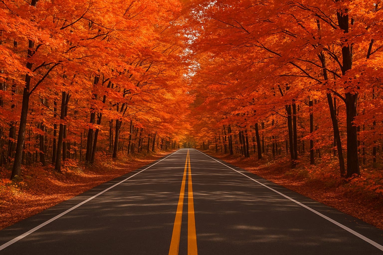 A two-lane Tug Hill road curving through peak fall color