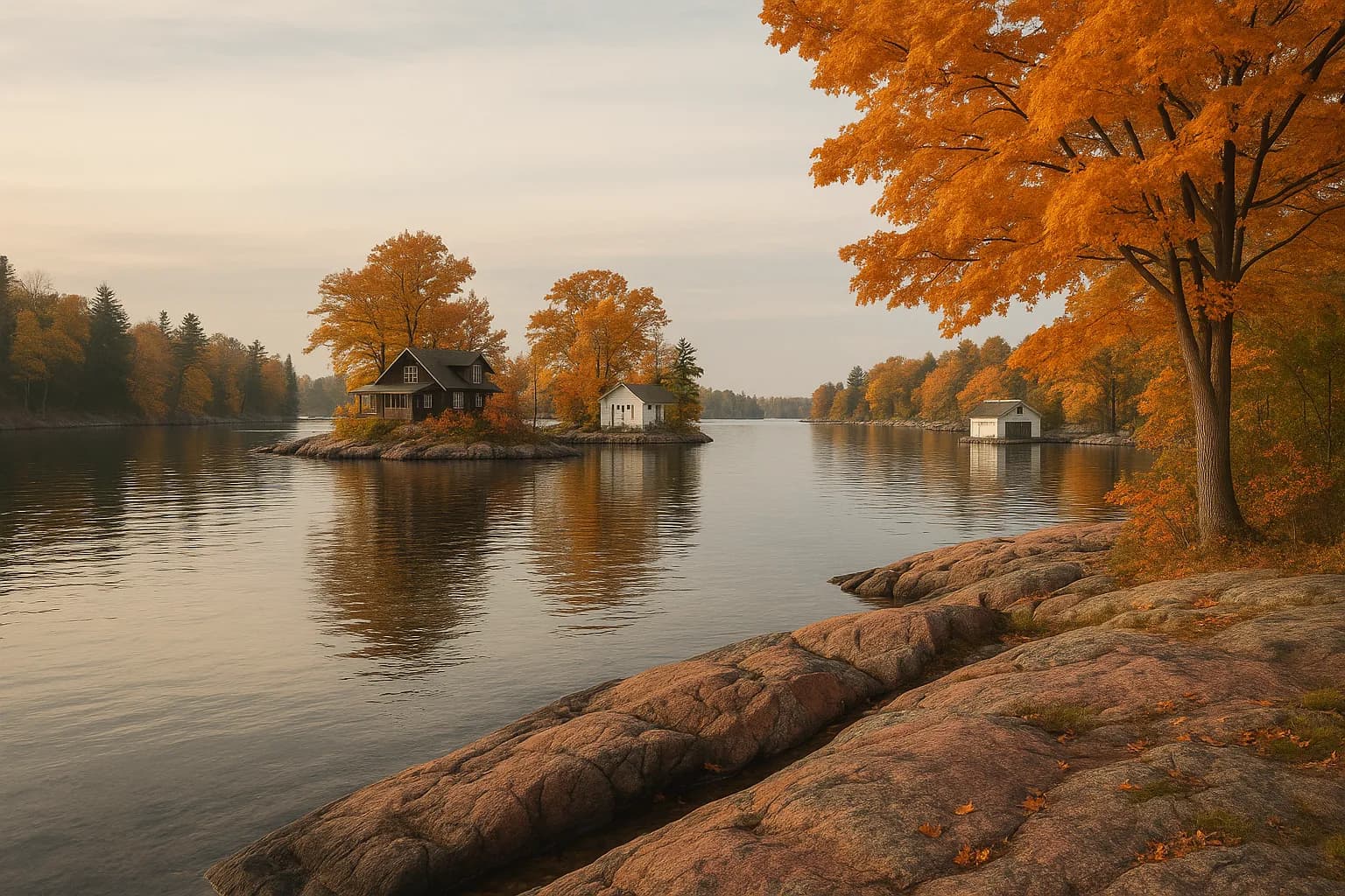 Granite shoreline and island cottages near Alexandria Bay on the St. Lawrence in autumn