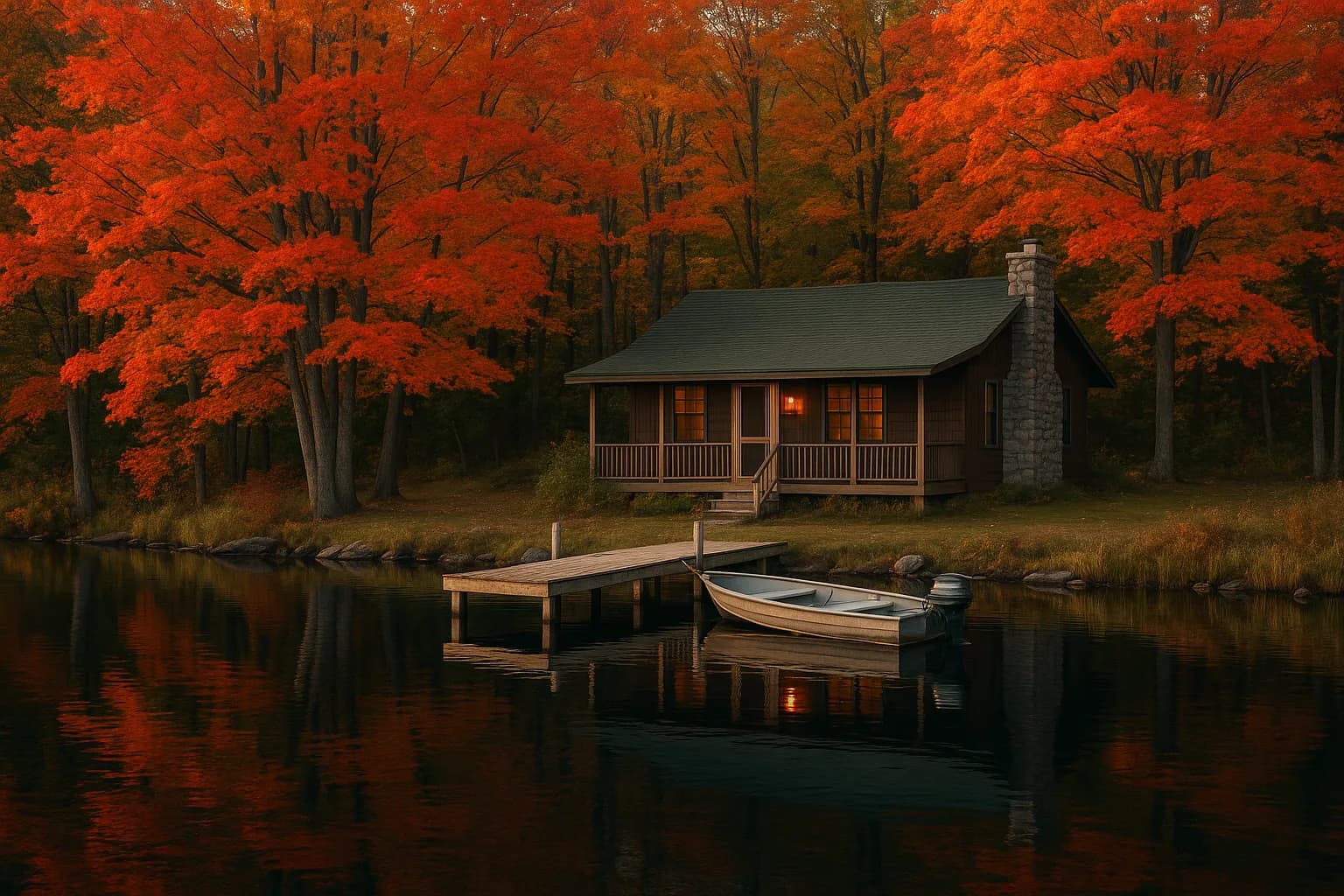 A waterfront cabin and dock on Black Lake, maples reflected in calm dark water, a fishing boat tied up