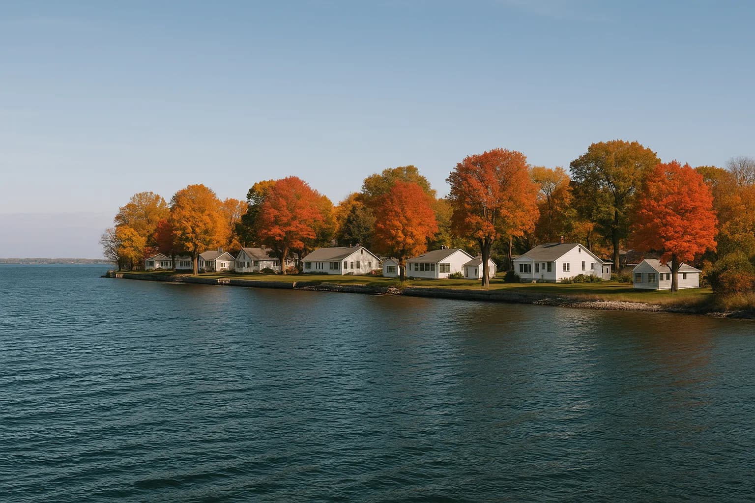 Cottages along the shoreline at Cape Vincent where Lake Ontario meets the St. Lawrence, autumn trees under a blue sky