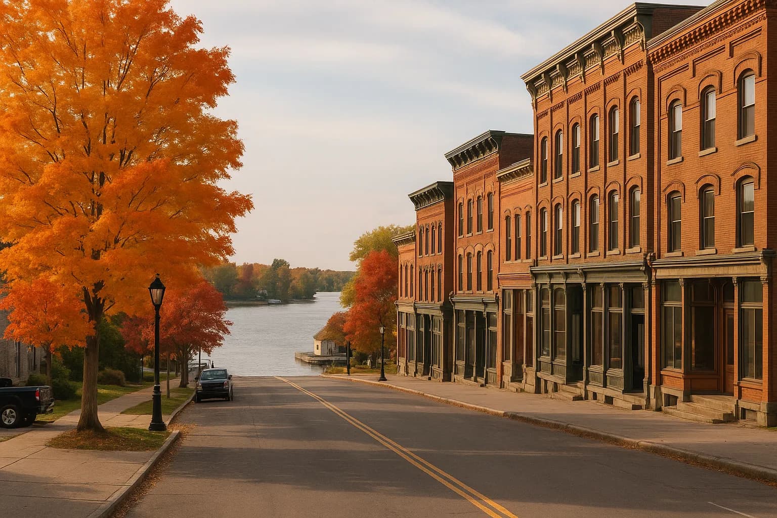 Historic brick storefronts in Clayton with a glimpse of the St. Lawrence River and orange maples