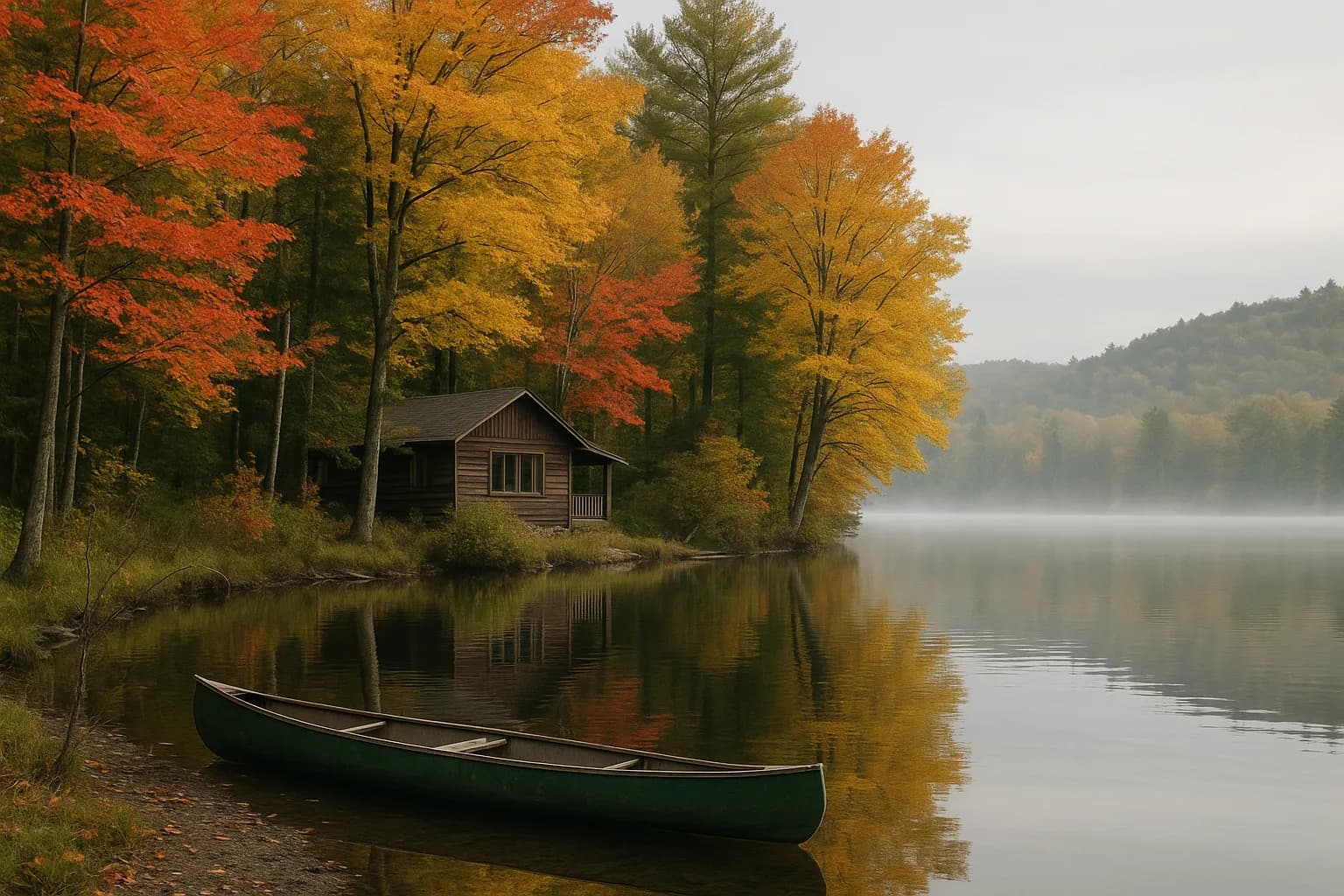 A modest cabin seen through red and gold hardwoods on a misty lake, a canoe pulled up on shore