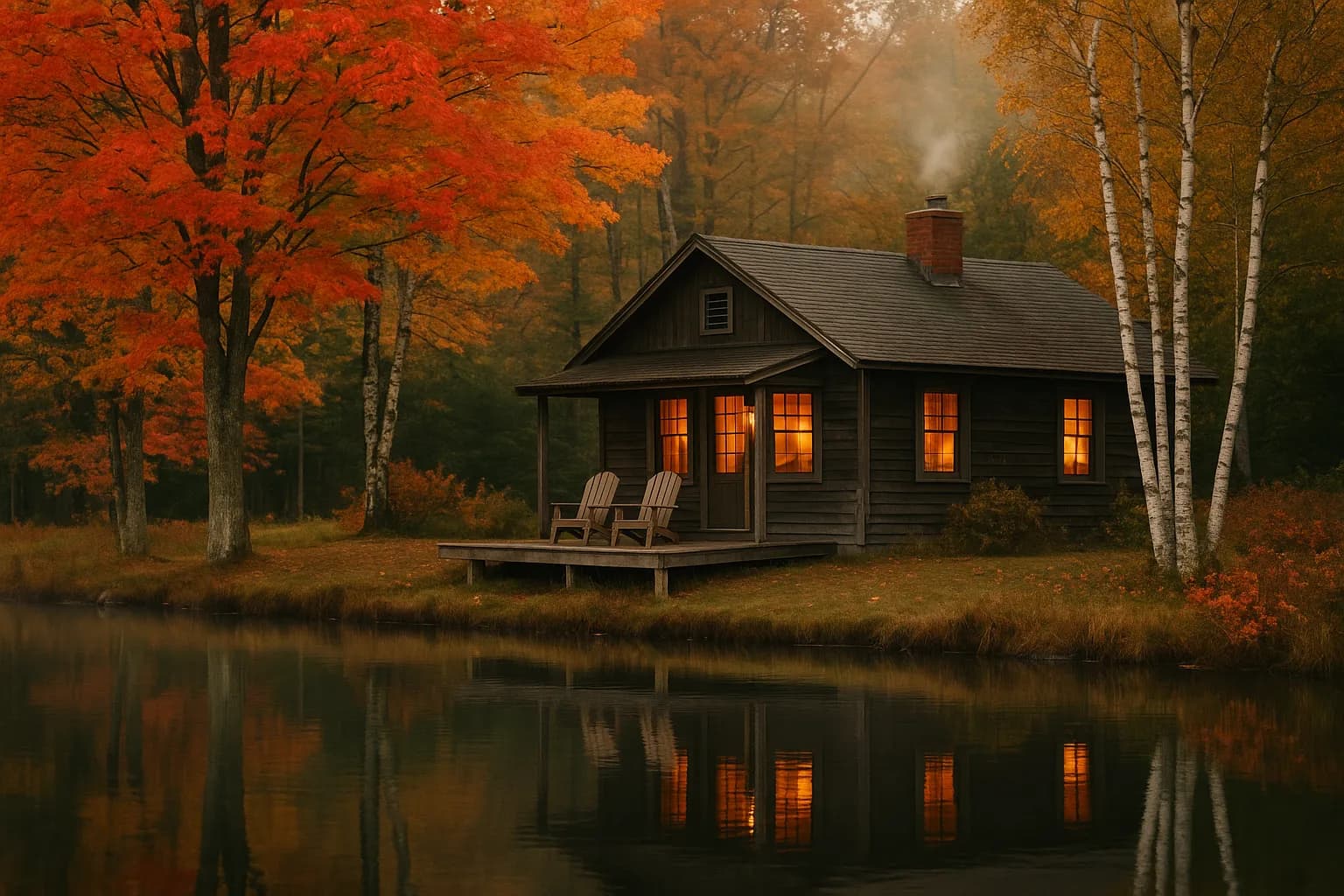 A lakeside cottage with a wooden deck and two Adirondack chairs, maples in peak color reflected in still water