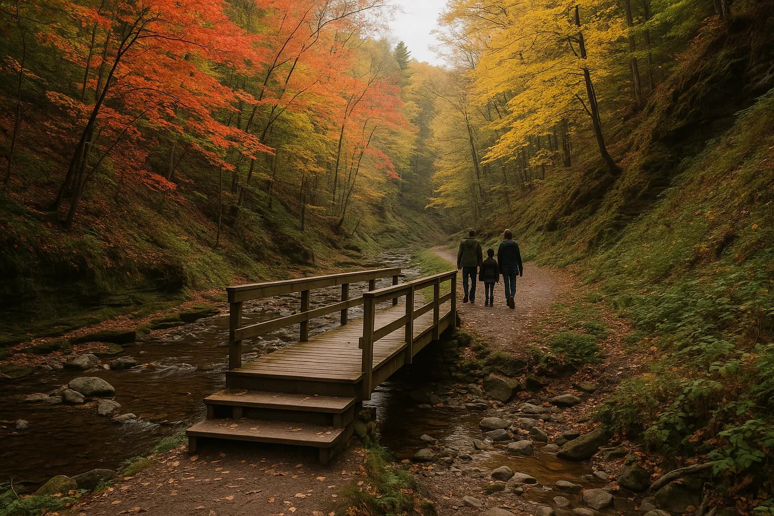 A footbridge over a shallow creek in a wooded gorge in autumn, a small family walking far off