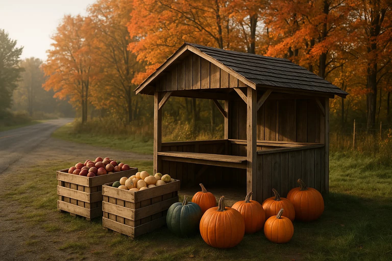 A roadside farm stand in October with apples, squash and pumpkins in wooden crates