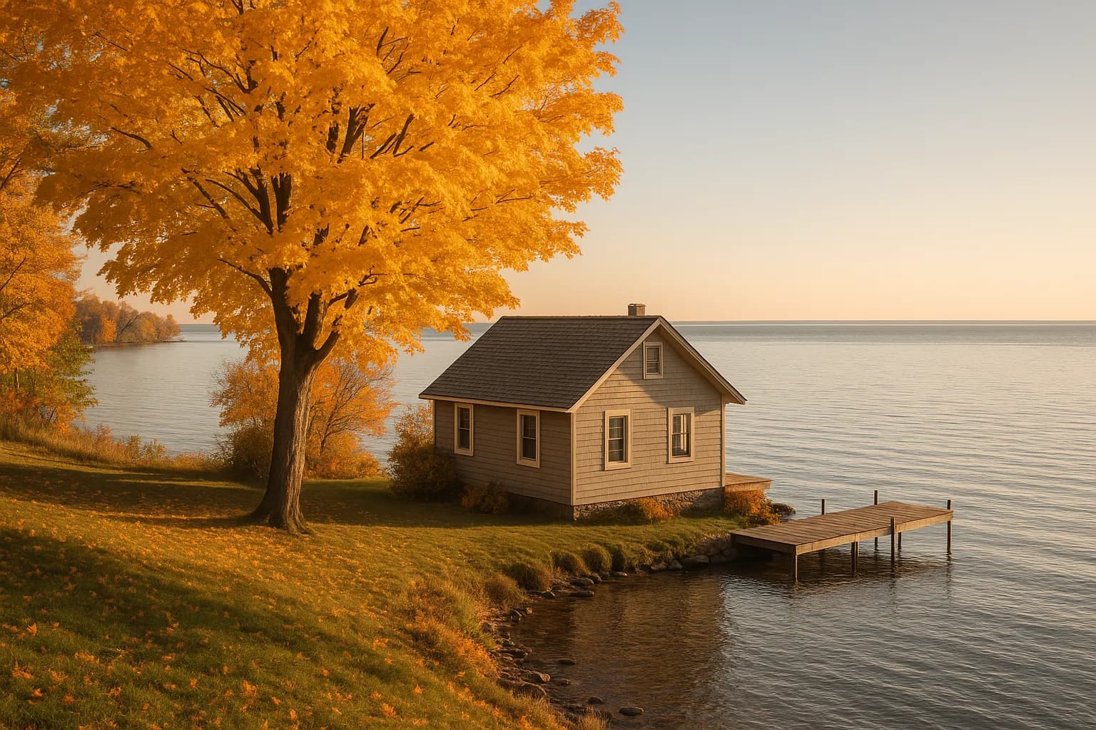 A waterfront cottage and small dock at Henderson Harbor, gold maples against the Lake Ontario horizon
