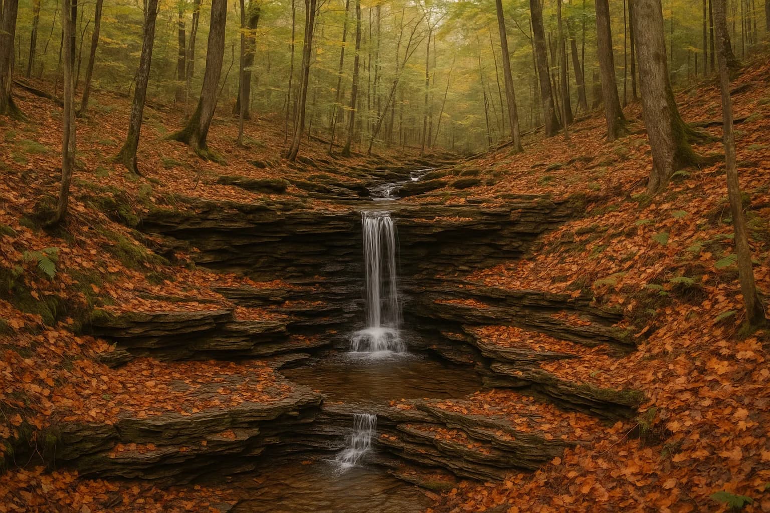 A small waterfall spilling over layered rock in a quiet hardwood forest strewn with fallen leaves