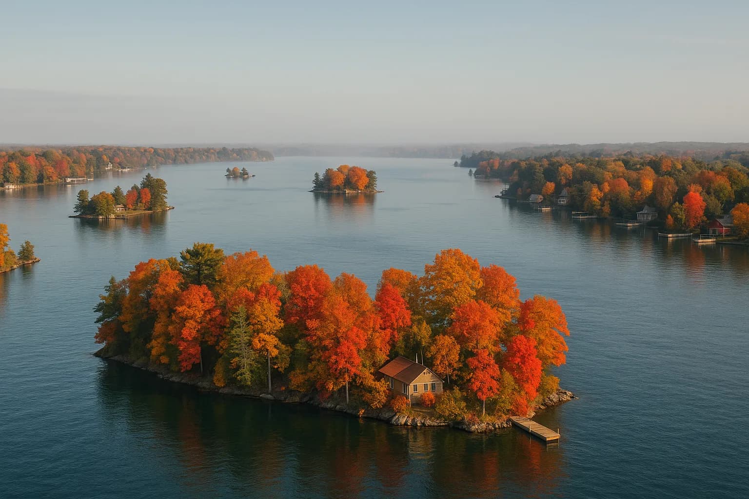 Wooded islands and shoreline cottages on the St. Lawrence River in peak October color, light mist on the water