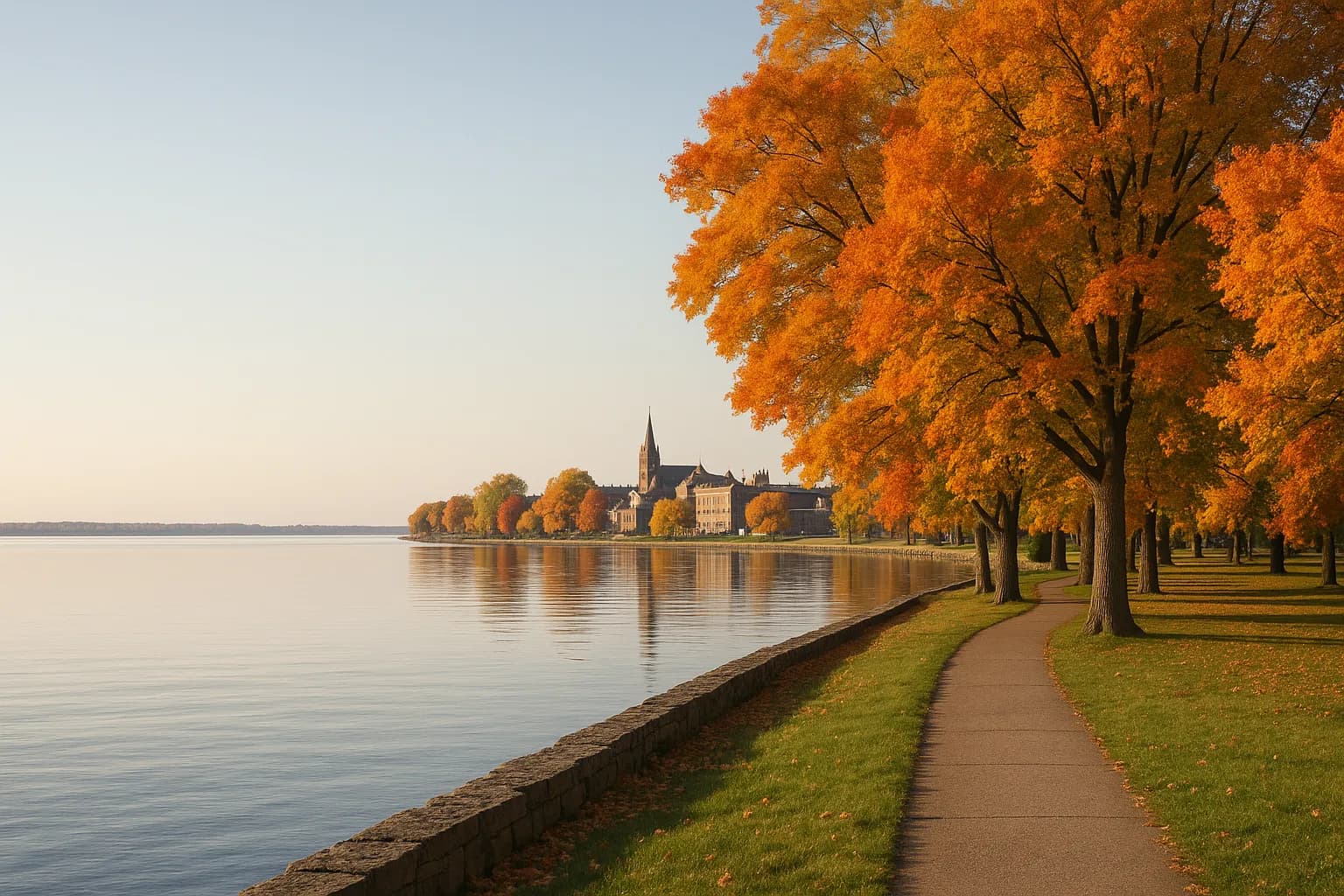 The wide St. Lawrence River at Ogdensburg with autumn trees along the waterfront