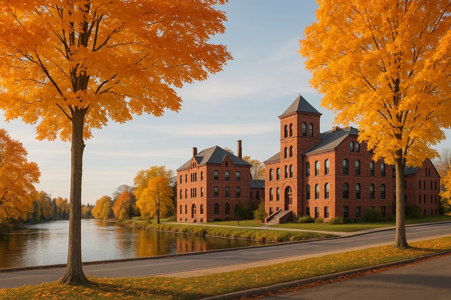 Red sandstone buildings and fall trees beside the Raquette River in Potsdam