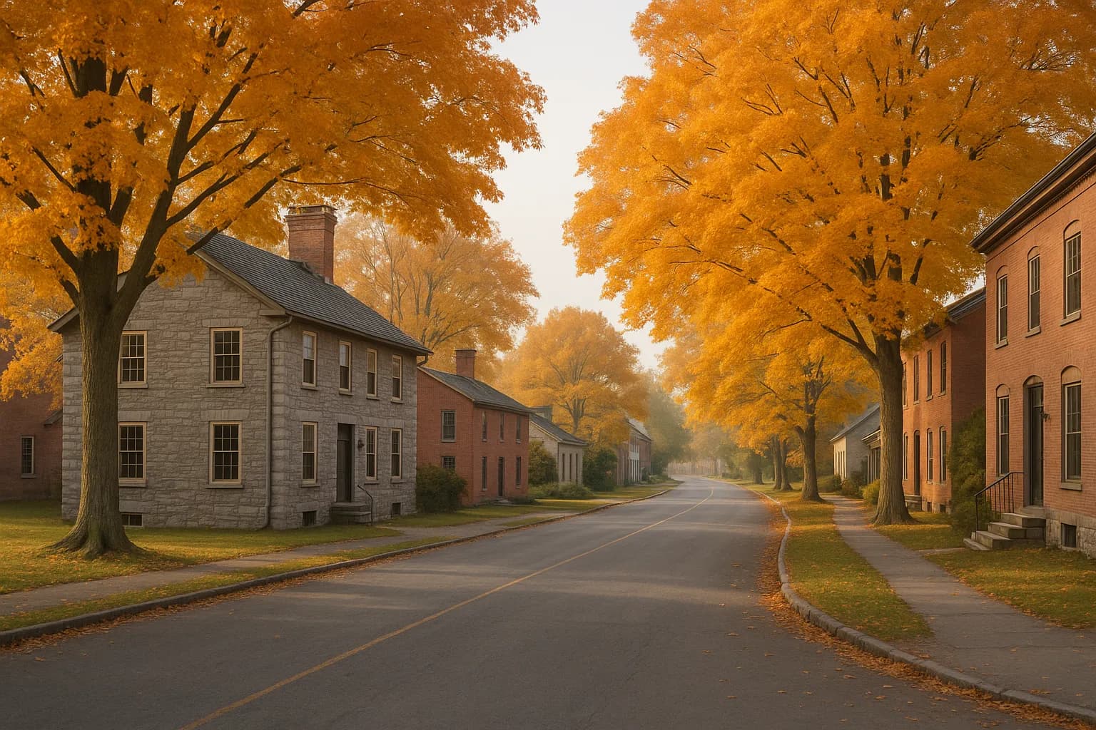 A quiet village street in Sackets Harbor lined with historic buildings and gold maples