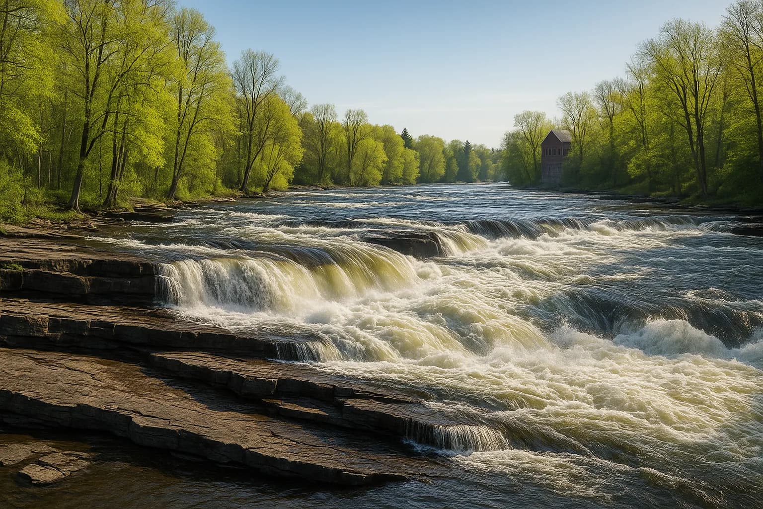High spring water rushing over rock ledges on the Black River, new green leaves on the banks