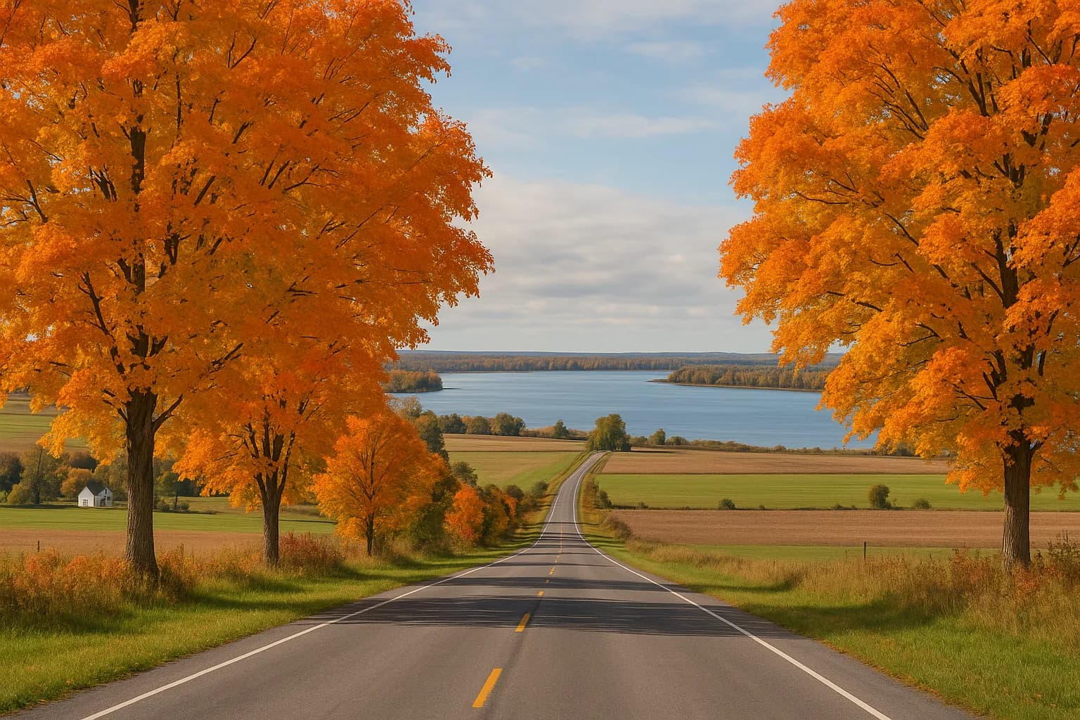 A two-lane country road through maples opening onto farm fields and the St. Lawrence River