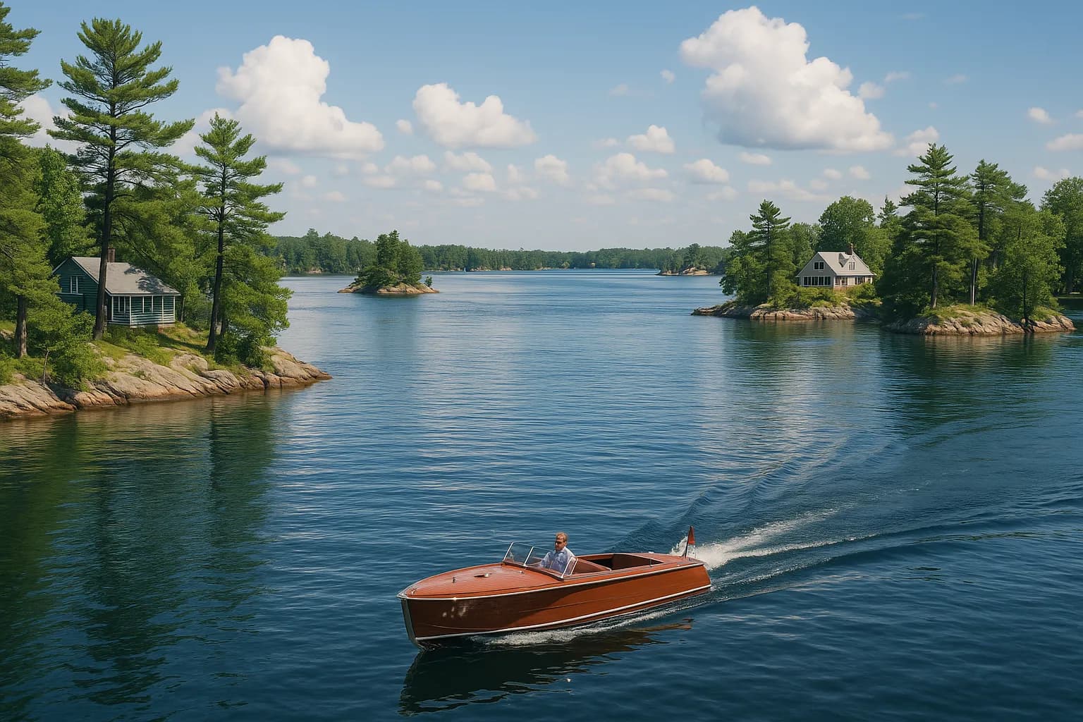 A wooden runabout passing small pine-covered islands on a bright summer day