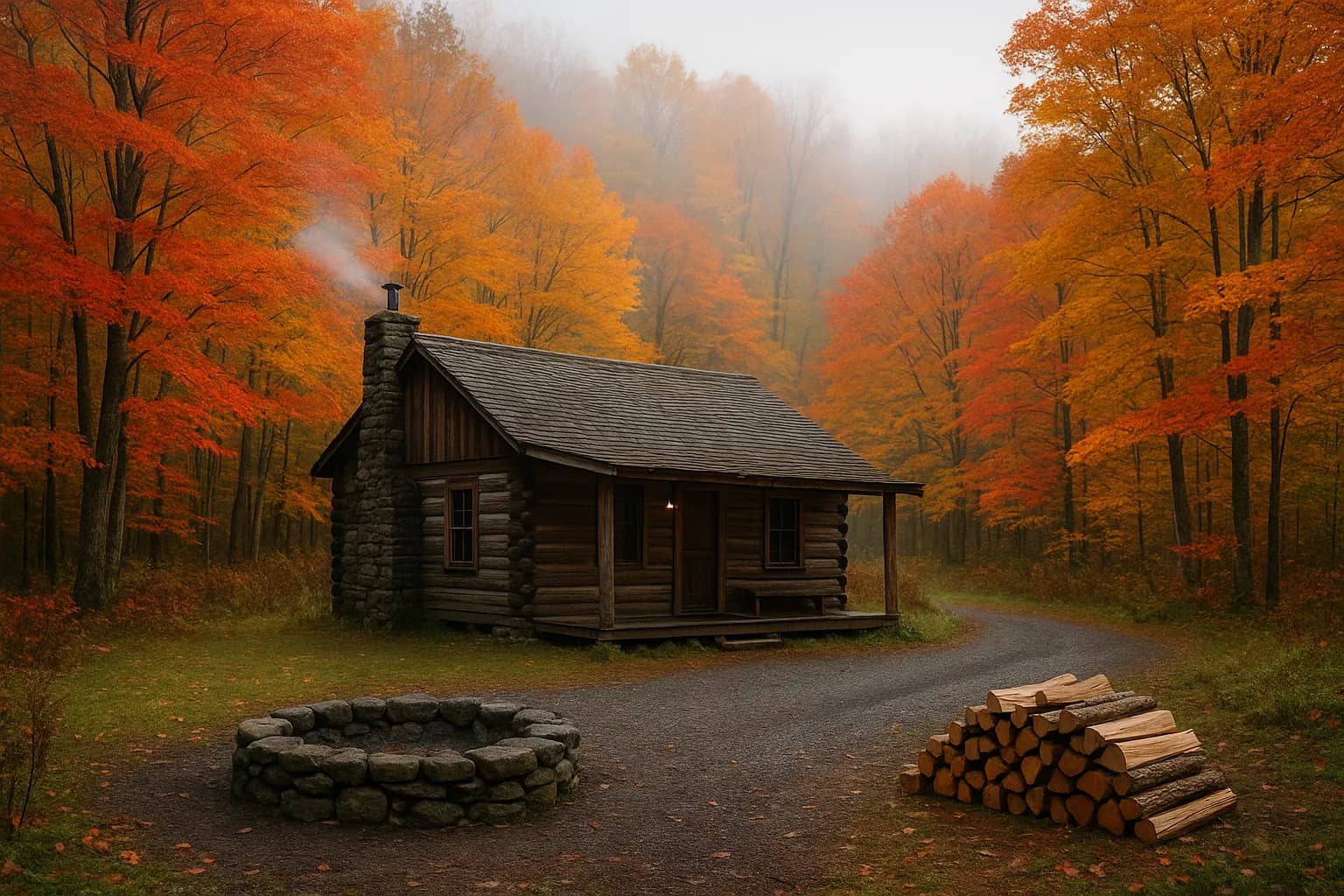 A practical log cabin in dense maple forest with a stone fire pit and split firewood
