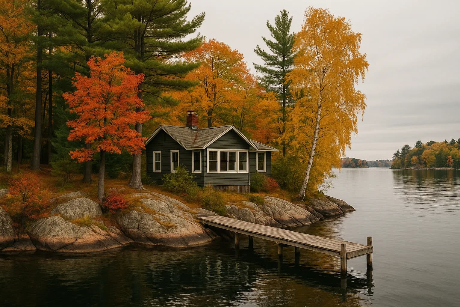 A small cottage among pine, maple and birch on Wellesley Island, rocky shore and a wooden dock