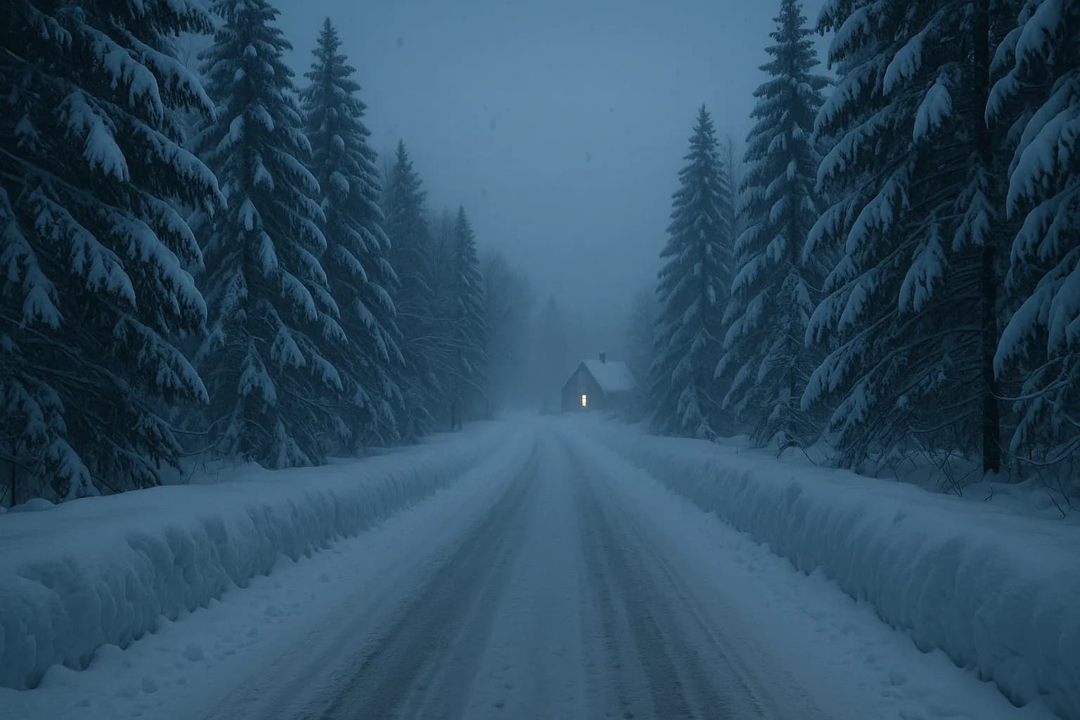 Deep snow on a quiet Tug Hill road edged by snow-heavy evergreens