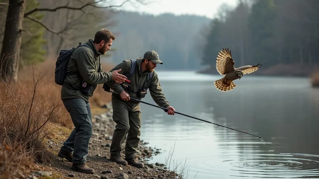 Editorial illustration for: Barred owl released after rescue from fishing line at Madison County reservoir