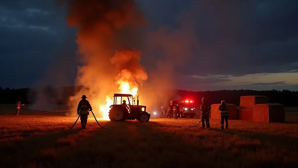 Editorial illustration for: Fire damages tractor and hay bales in Potsdam field