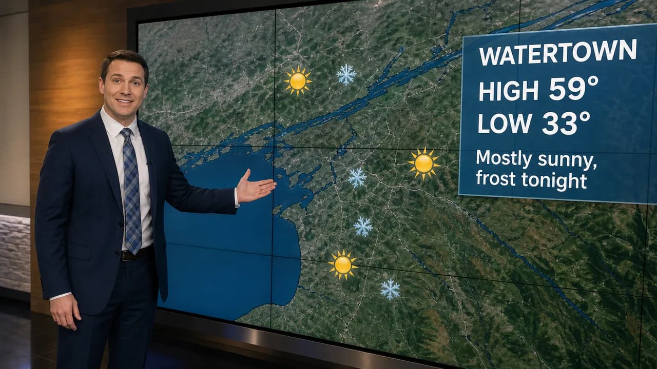 Illustration: a TV meteorologist presents the North Country forecast, a high of 59 and a low of 33 in Watertown
