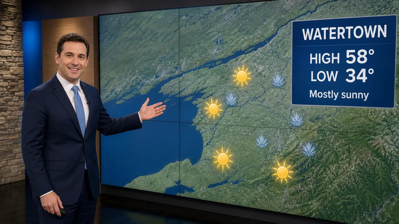 Illustration: a TV meteorologist presents the North Country forecast, a high of 58 and a low of 34 in Watertown