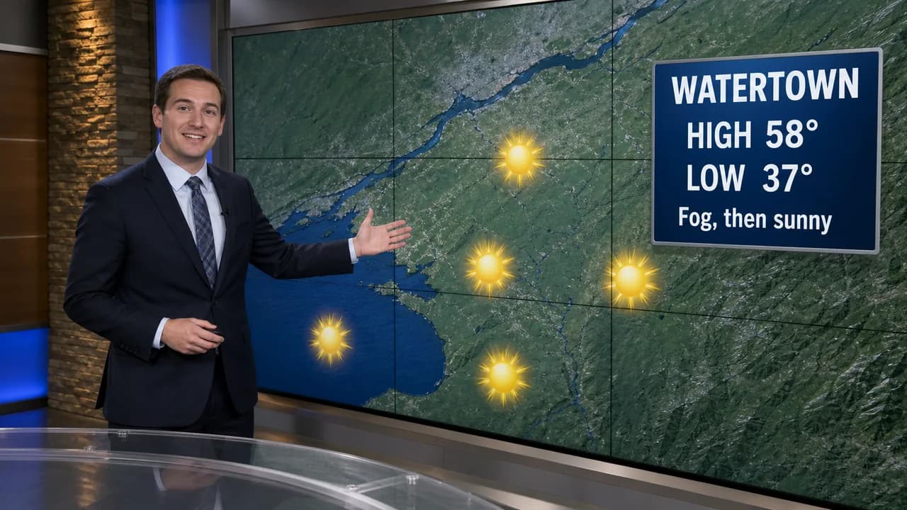Illustration: a TV meteorologist presents the North Country forecast, a high of 58 and a low of 37 in Watertown