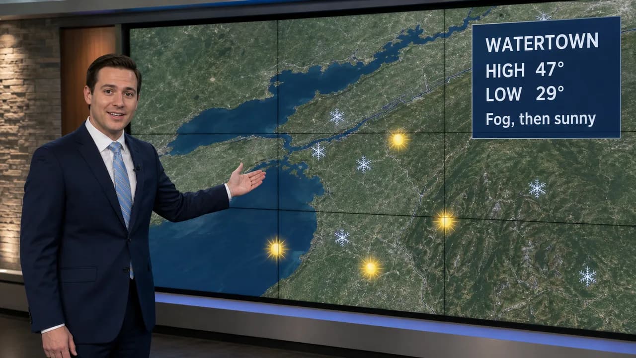 Illustration: a TV meteorologist presents the North Country forecast, a high of 47 and a low of 29 in Watertown