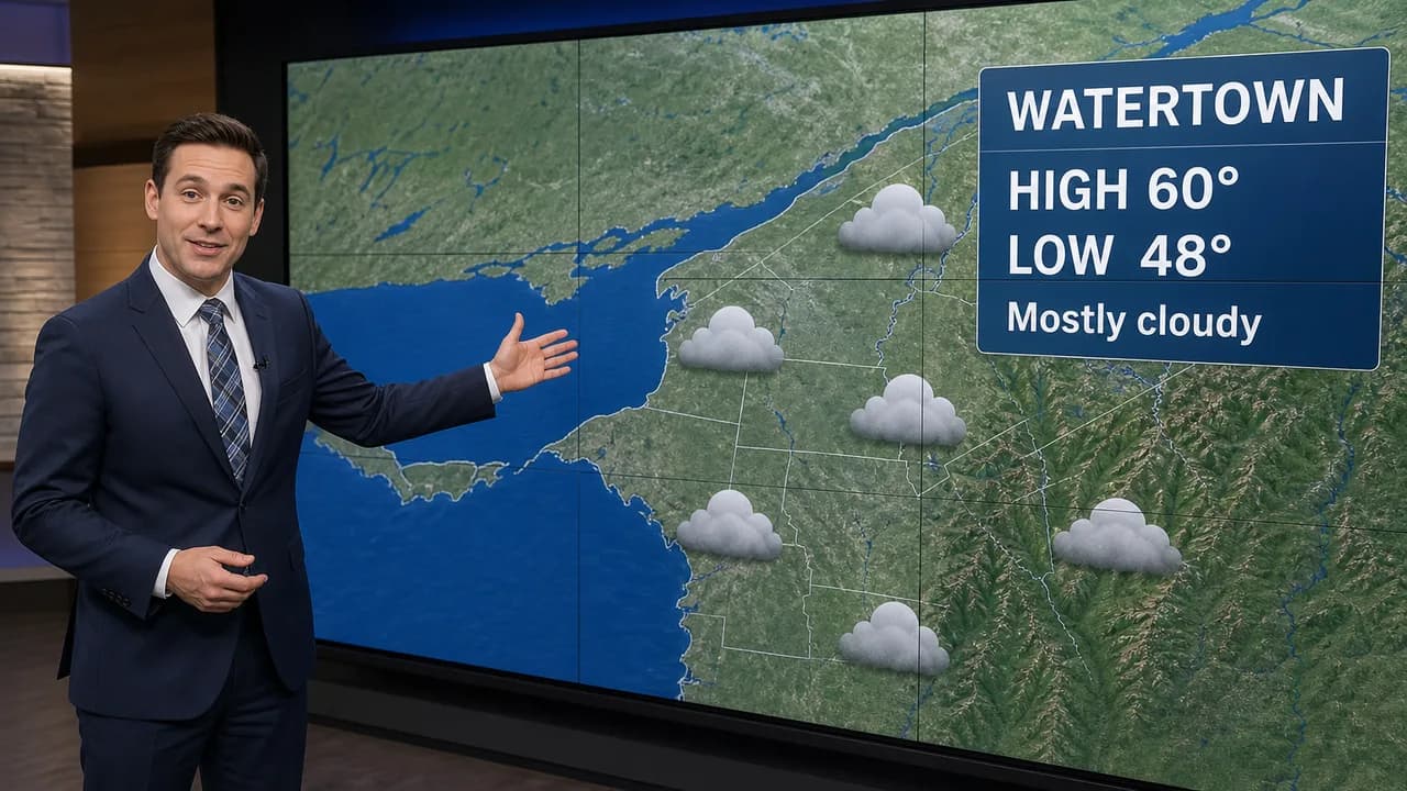 Illustration: a TV meteorologist presents the North Country forecast, a high of 60 and a low of 48 in Watertown