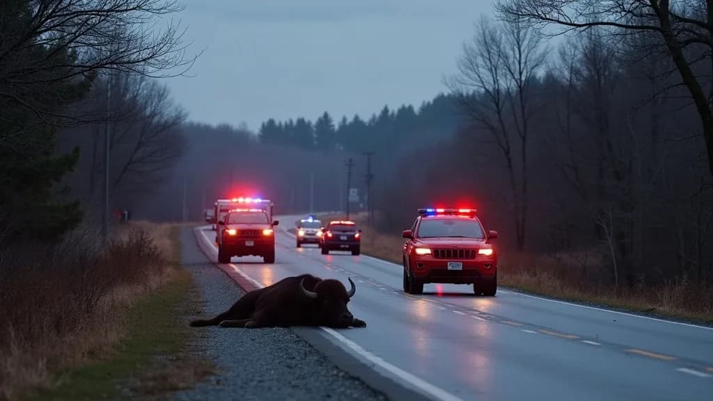 Editorial illustration for: Water buffalo killed after collision with Jeep on Route 11 in Stockholm
